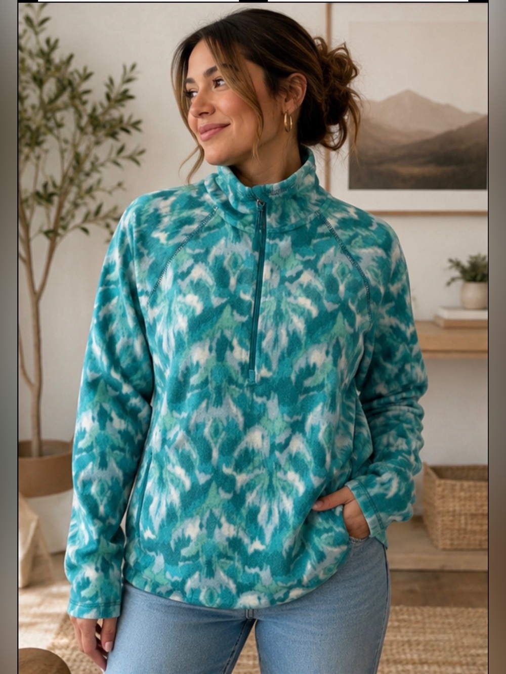 Eddie Bauer Teal Patterned Half-Zip Fleece Pullover